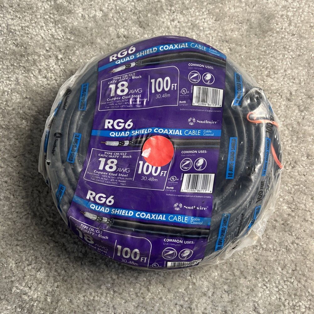 NEW Southwire RG6-Quad Shield Coaxial Cable Coil 18 AWG Copper Clad Black 100ft